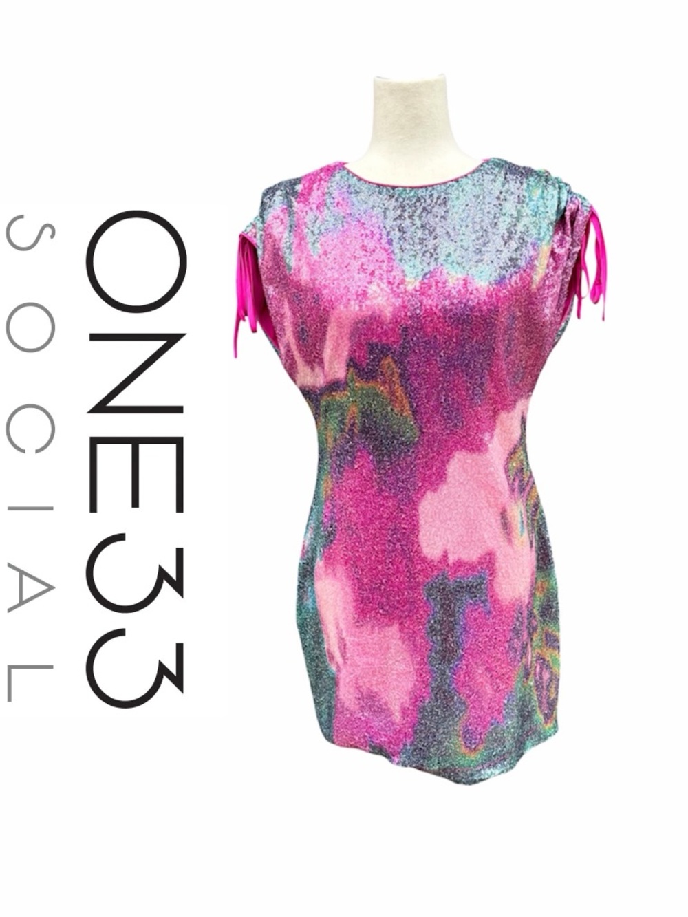 One33 Social Pink Multi-Color pink abstract Sequin Mini Dress  cap sleeve 2 EUC